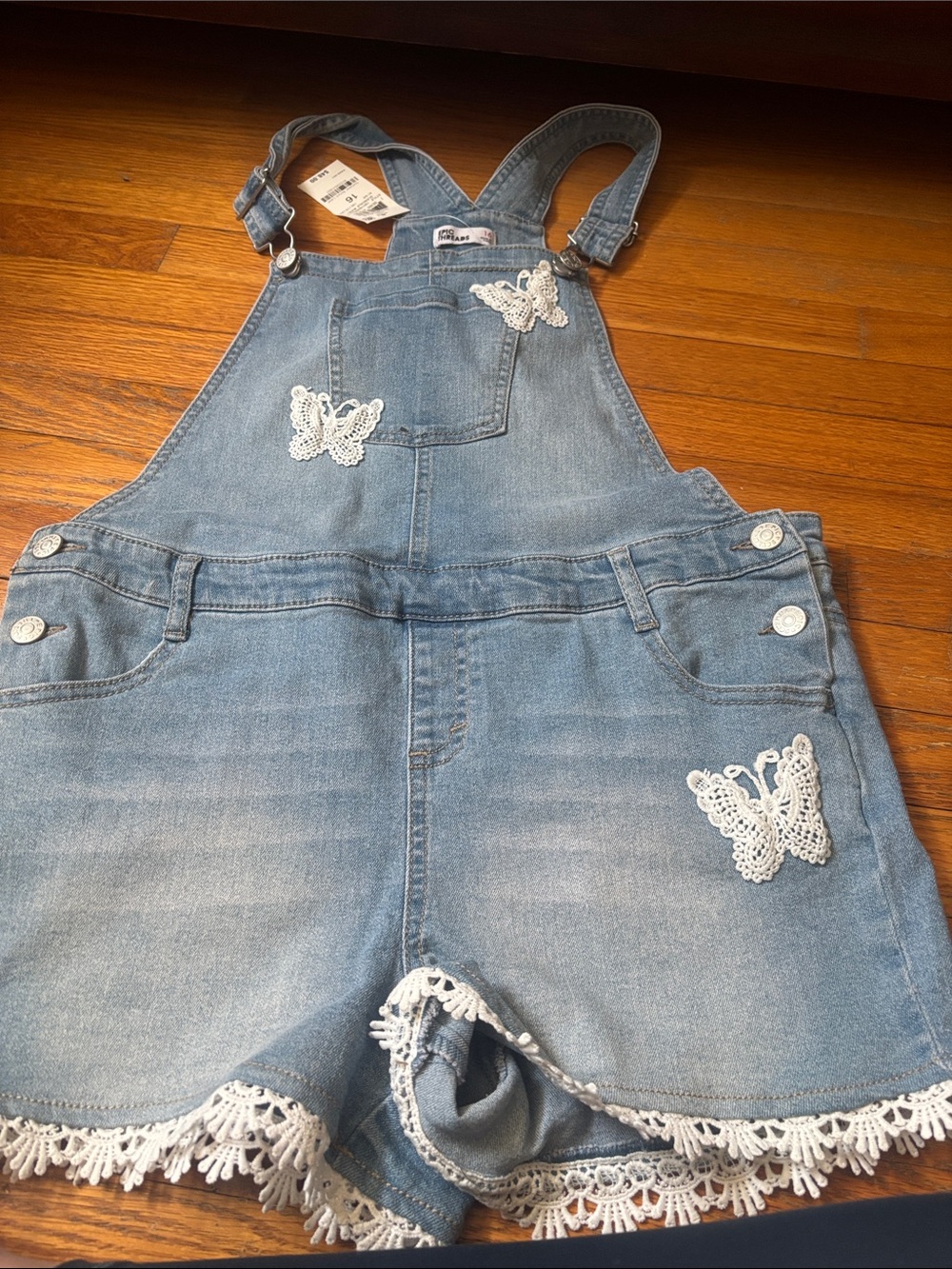 Epic Threads Light Blue Denim Butterfly Lace Shortalls